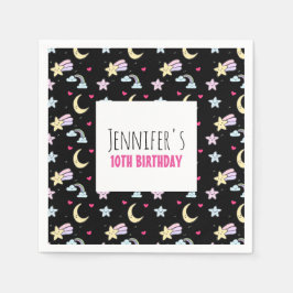月、星、雲のパターンをブラック誕生日 スタンダードカクテルナプキン