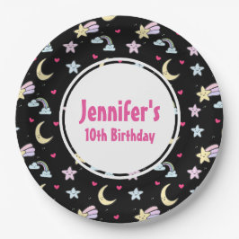 月、星、雲のパターンをブラック誕生日 ペーパープレート