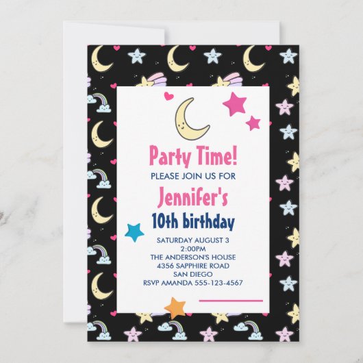 月、星、雲のパターン黒い誕生日パーティー 招待状 (正面)