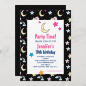 月、星、雲のパターン黒い誕生日パーティー 招待状 (正面/裏面)