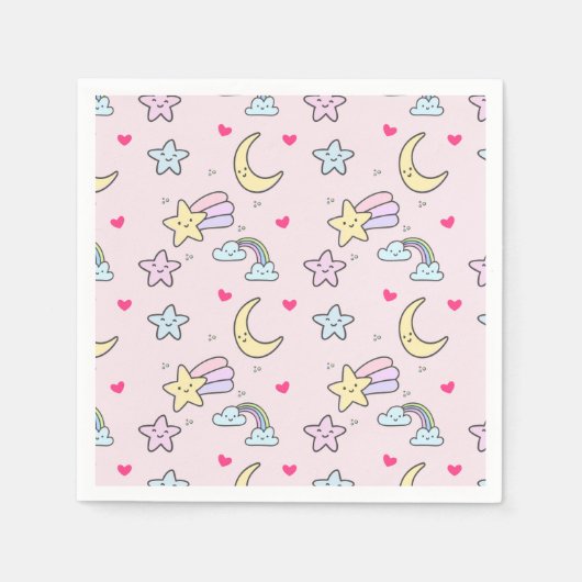 月・星・雲の模様（ピンク） スタンダードカクテルナプキン (正面)