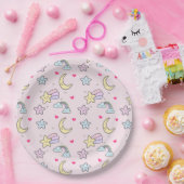 月・星・雲の模様（ピンク） ペーパープレート (パーティー)