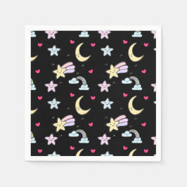 月、星、雲の模様（黒） スタンダードカクテルナプキン