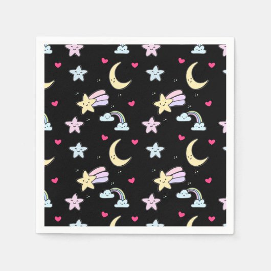 月、星、雲の模様（黒） スタンダードカクテルナプキン (正面)