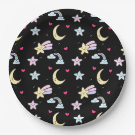 月、星、雲の模様（黒） ペーパープレート