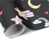 月、星、雲の模様（黒） ラッピングペーパー (ロールコーナー)