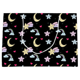 月、星、雲の模様（黒） ラージペーパーバッグ