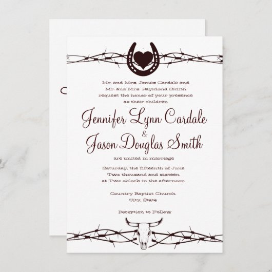 有刺鉄線の蹄鉄の西部の結婚式招待状 招待状 (正面/裏面)