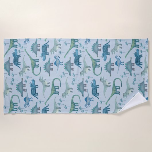 有史以前の可愛い青い恐竜の模様 ビーチタオル (正面)