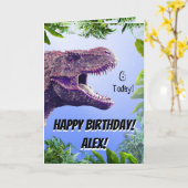 有史以前の時代の紫Tレックス誕生日 カード (黄色い花)