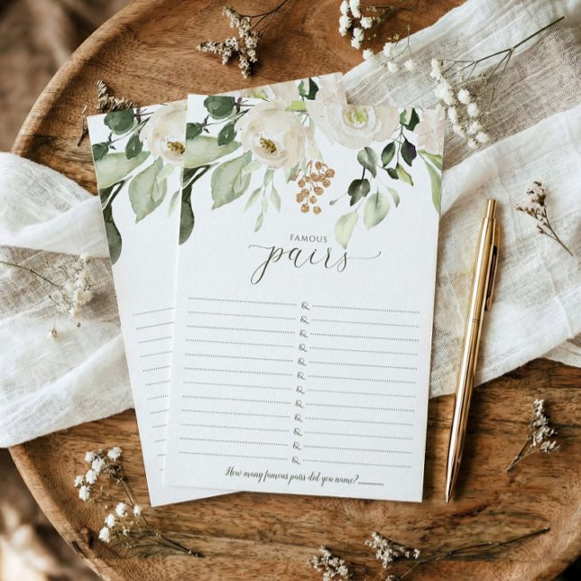 有名なカップル ブライダルシャワーゲーム - 有名なペア I (Famous couples printed bridal shower game - elegant white watercolor floral sage greenery)