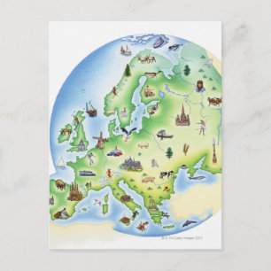 有名なヨーロッパのイラストレーションの地図 ポストカード
