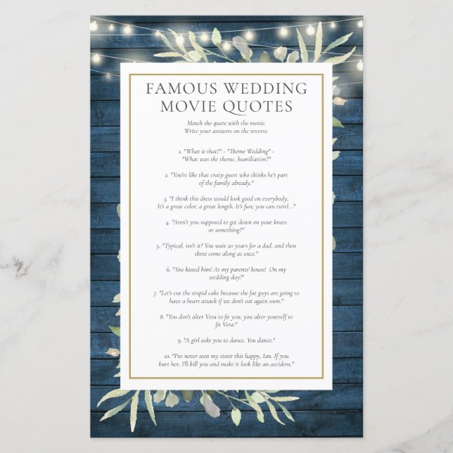 有名な映画引用文ブライダルシャワーゲーム (正面)