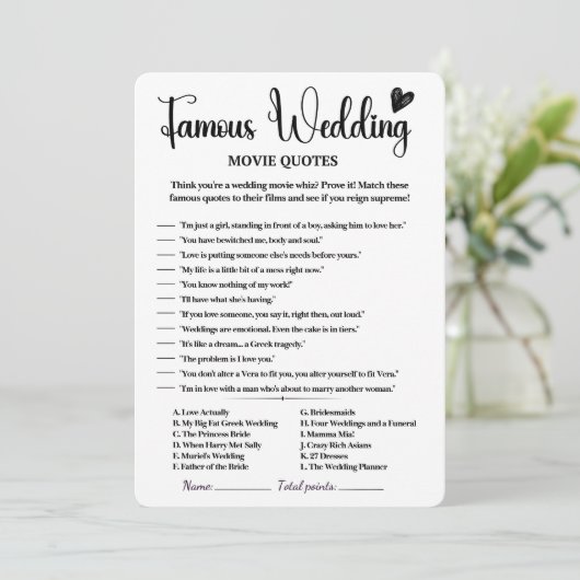 有名な結婚映画引用文ブライダルシャワーゲーム 招待状 (スタンド正面)
