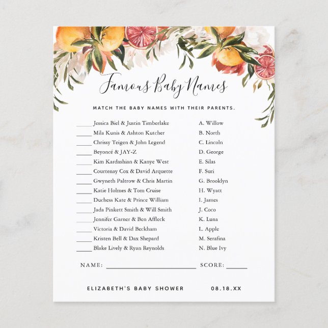 有名な赤ちゃんの名前 | ベビーシャワーゲーム (正面)