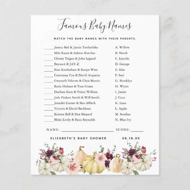 有名な赤ちゃんの名前 |赤ちゃんシャワーゲーム (正面)