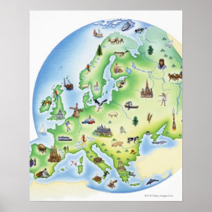 有名のイラストレーションを含むヨーロッパの地図 ポスター
