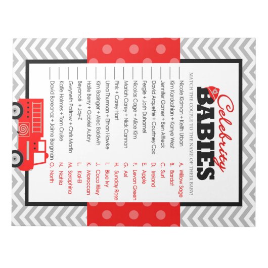 有名人ベビー消防車の赤ちゃんシャワーゲームパック ノートパッド (正面)