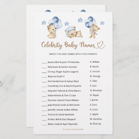 有名人赤ちゃん名テディベア男の子ベビーシャワー (正面/裏面)