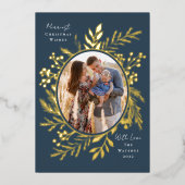 有機的なウィンターボタニカルズ オーバル フォト シェイプ ネイビー 箔シーズンカード (正面)