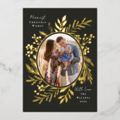 有機的なウィンターボタニカル オーバルフォト型 スレート 箔シーズンカード (正面)