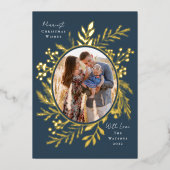 有機的なウィンターボタニカル オーバルフォト型 ネイビー 箔シーズンカード (正面)