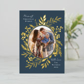 有機的なウィンターボタニカル オーバルフォト型 ネイビー 箔シーズンカード (立ち正面)