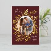 有機的な冬の植物 オーバル フォト シェイプ マルーン 箔シーズンカード (立ち正面)