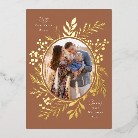 有機的な冬の植物 オーバル フォト シェイプ ラスト 箔シーズンカード (正面)