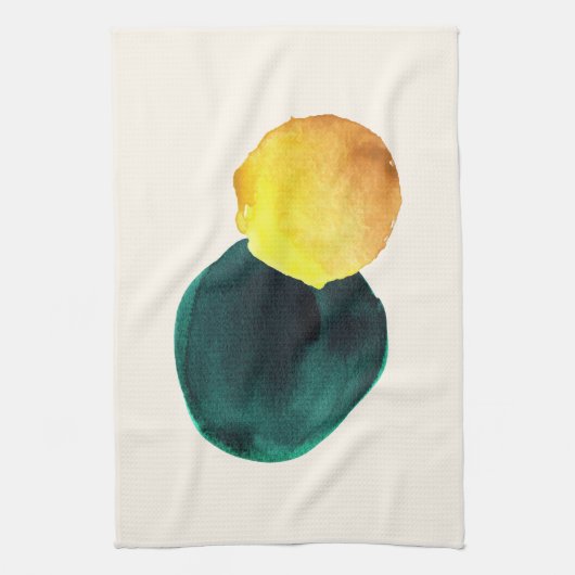 有機的な形のアブストラクト水彩イエローグリーン キッチンタオル (縦)
