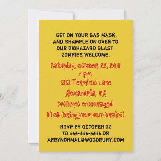 有毒廃棄物のハロウィンのおもしろいでグランジな招待状 招待状 (裏面)