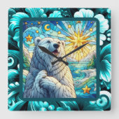 有難お洒落極ベアフェイクステンドグラス スクエア壁時計 (正面)