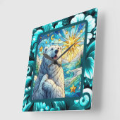 有難お洒落極ベアフェイクステンドグラス スクエア壁時計 (傾斜)