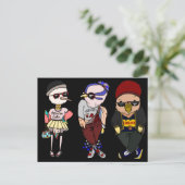 服おもしろいを着た黒鳥イラストレーション ポストカード (スタンド正面)