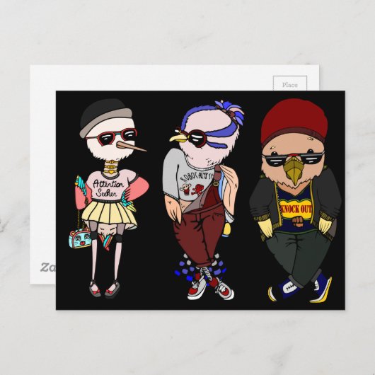 服おもしろいを着た黒鳥イラストレーション ポストカード (正面/裏面)