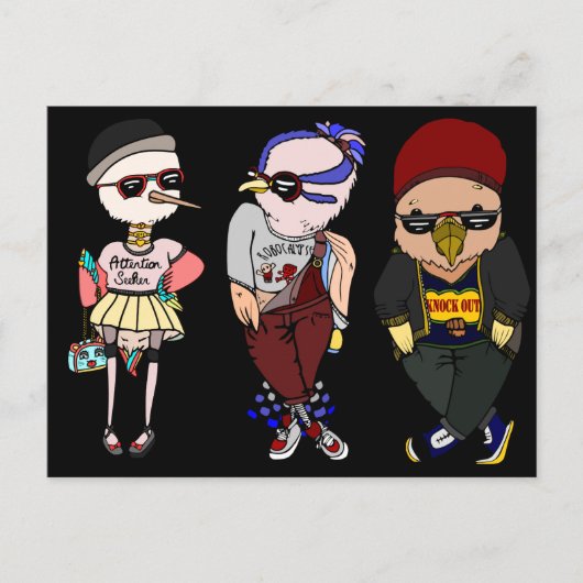 服おもしろいを着た黒鳥イラストレーション ポストカード (正面)