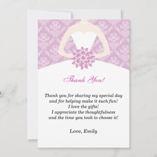 服のサンキューカードのブライダルシャワーの薄紫のダマスク織 サンキューカード (正面)