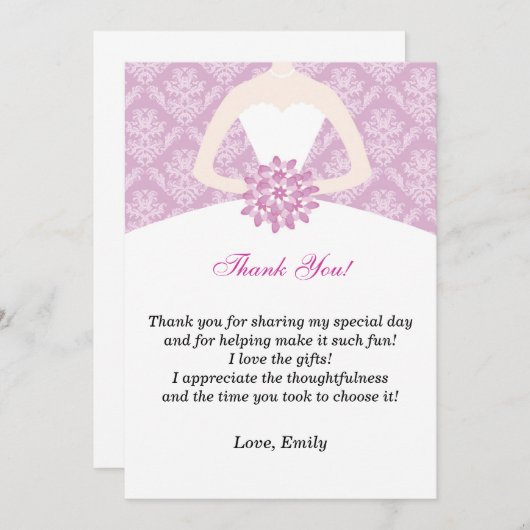 服のサンキューカードのブライダルシャワーの薄紫のダマスク織 サンキューカード (正面/裏面)