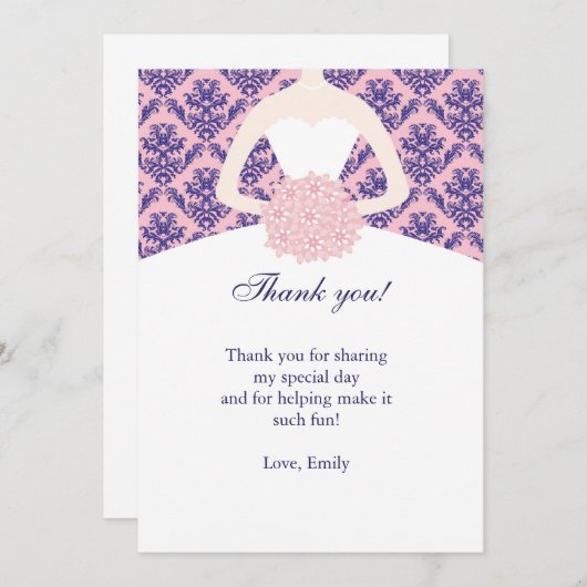 服のダマスク織のサンキューカードのピンクの濃紺 サンキューカード (正面/裏面)