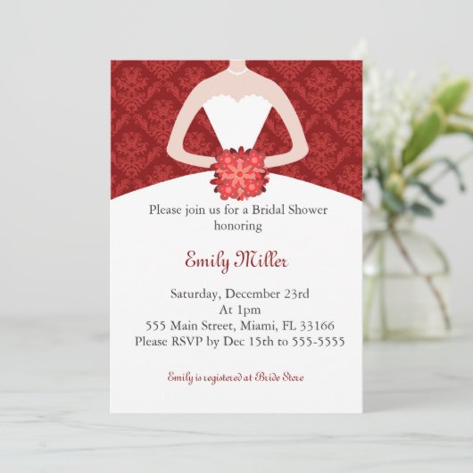 服の招待状のブライダルシャワーの赤のダマスク織 招待状 (スタンド正面)