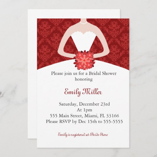 服の招待状のブライダルシャワーの赤のダマスク織 招待状 (正面/裏面)