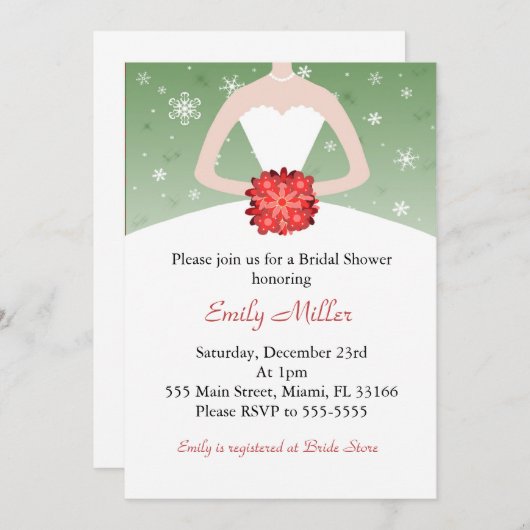 服の招待状の冬の赤い緑のブライダルシャワー 招待状 (正面/裏面)