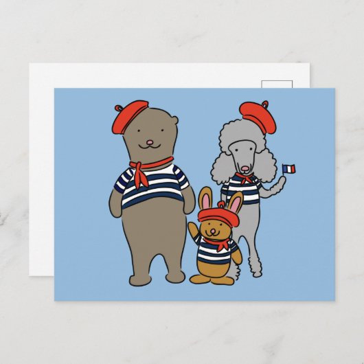 服を着たかわいい漫画フランスの動物 ポストカード (正面/裏面)