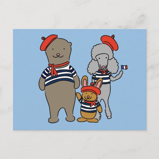 服を着たかわいい漫画フランスの動物 ポストカード (正面)