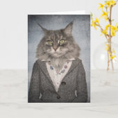 服を着た猫 カード (黄色い花)