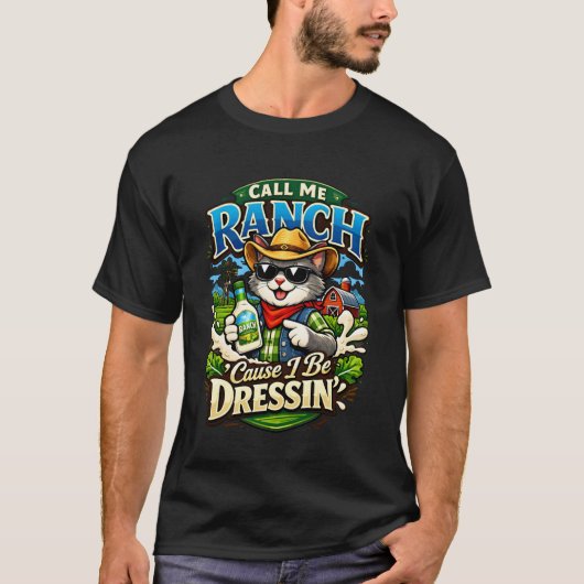服を着ている猫のミームがおしゃれ 牧場と呼んで Tシャツ (正面)