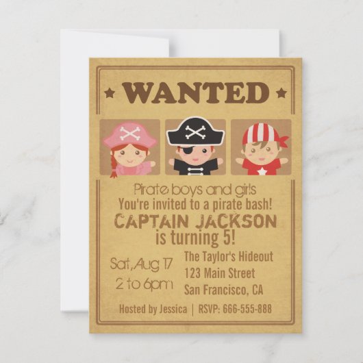 望まれたヴィンテージポスター海賊男の子および女の子のパーティー 招待状 (正面)