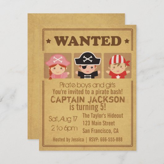 望まれたヴィンテージポスター海賊男の子および女の子のパーティー 招待状 (正面/裏面)