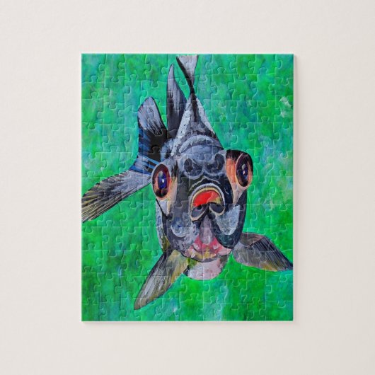 望遠オタク系の眼付き金魚の黒毛色 ジグソーパズル (縦)