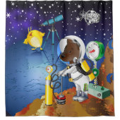 望遠鏡で宇宙の子犬とエイリアン シャワーカーテン (正面)